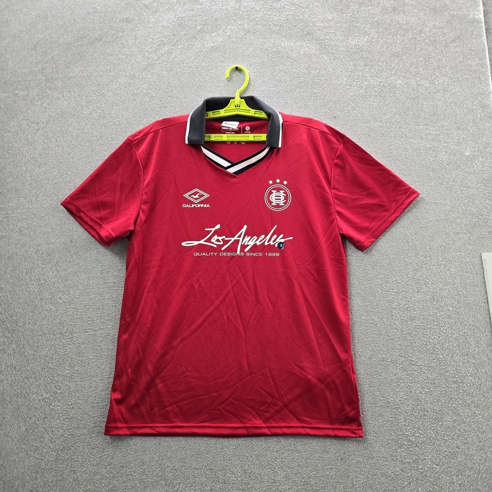 Hollister Men Shirt M Red Graphic Los Angeles Sport Knit Logo Short Sleeve